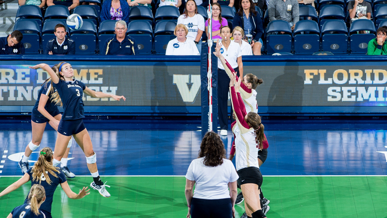 Irish Fall To Boston College, 3-0, Friday Night At Purcell Pavilion Sophomore Sam Fry led the Irish with 10 kills Friday night against Boston College.
