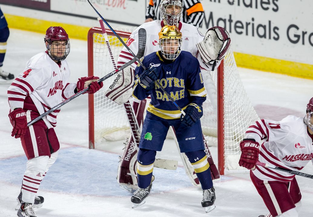 Vince Hinostroza had three assists in the 4-0 win over Massachusetts on Saturday.  For the weekend he had five helpers as the Irish swept the Minutemen.