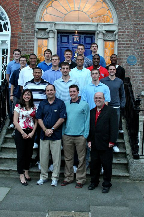 The Notre Dame men's basketball team had the chance to visit Notre Dame's Keough-Naughton Institute for Irish Studies in Dublin and talk with its staff, including the center's director, Dr. Kevin Whalen (front row, far right). <i>(photo by Tish Brey)</i>