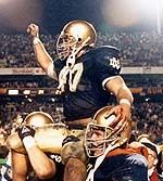 Senior linebacker Ned Bolcar is carried off the field following Notre Dame's 34-21 win over West Virginia in the 1989 Fiesta Bowl that gave the Irish their first national championship since 1977.