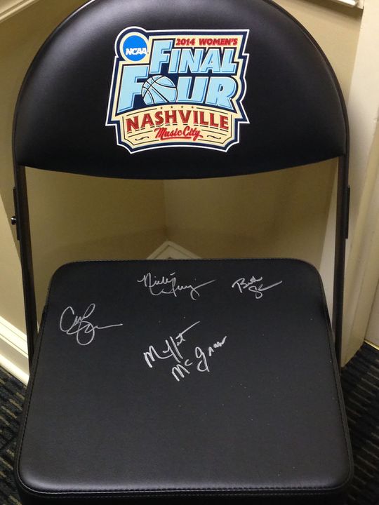 This team bench chair from the 2014 NCAA Women's Final Four in Nashville, autographed by the Notre Dame women's basketball coaching staff, is among the items that will be up for bid during Sunday's auction as part of the Katie Schwab Fundraiser at the Linebacker Lounge in South Bend.