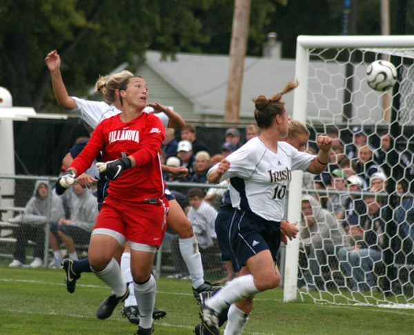 Five-Point Games From Bock And Augustin Help Irish Hand Villanova Its Most Lopsided Loss Since 1998 (5-0) Brittany Bock snapped in a pair of headers while extending her career-best goal streak to five games in the 5-0 win over Louisville.