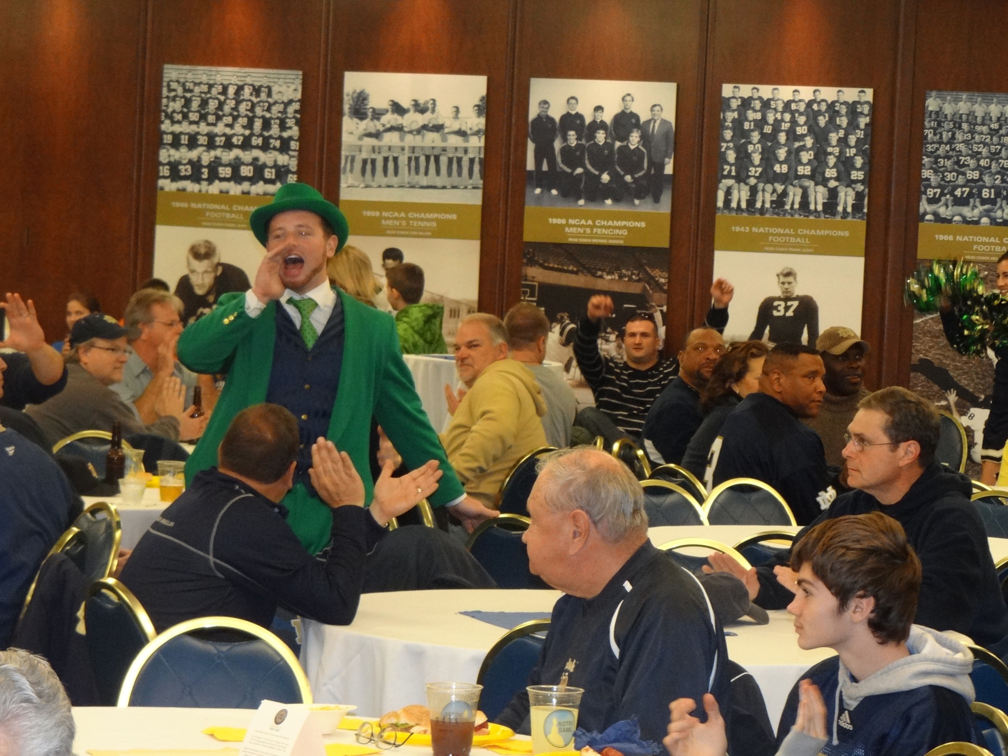 Monogram Club Announces 2013 Fall Schedule The Leprechaun and cheerleaders make an appearance at every Monogram Club pre-game reception, which begins three hours prior to kickoff.