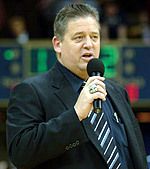 Charlie Weis speaks to the Irish basketball crowd at the Notre Dame - St. John's game on Jan. 15. Weis will be looking for his third Super Bowl ring with the New England Patriots in two weeks at the Super Bowl in Jacksonville, Fla.