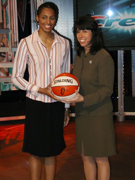 Former Notre Dame All-America forward Jacqueline Batteast (shown here with WNBA President Donna Orender at last month's WNBA Draft) has made the opening day roster of the Minnesota Lynx, becoming one of three Irish women's basketball alums on 2005 WNBA opening day rosters.<i> (photo by Chris Masters)</i>