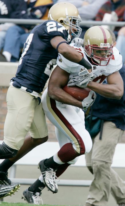 Irish safety David Bruton makes a tackle against Boston College during the 2007 game at Notre Dame Stadium