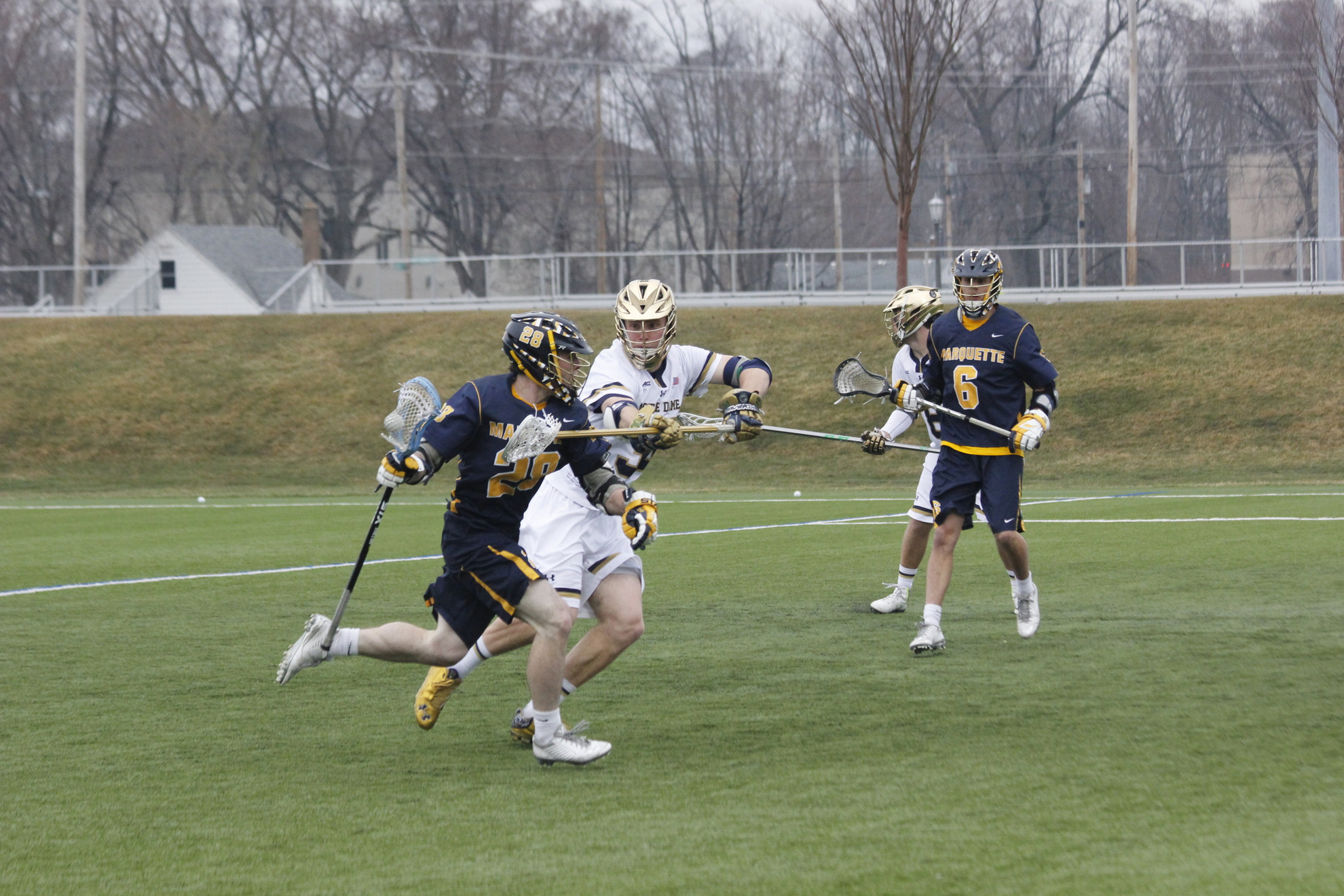 #1/#2 Irish and #17/#19 Marquette Match NCAA’s Top Two Defenses Edwin Glazener in Notre Dame's 14-7 win over Marquette last season.