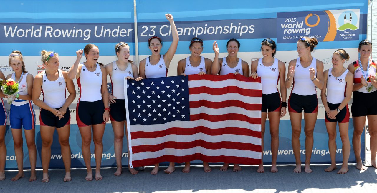 Junior Erin Boxberger (center) won a gold medal for the United States in the W8+ event at the Under-23 World Rowing Championships this summer