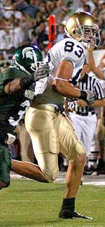 Two-Sport Stars Make Their Mark With The Irish Junior Jeff Samardzija catches touchdown passes for the Irish in the fall and then grabs the glove and spikes of baseball in the spring when he pitches for the Notre Dame baseball team. The hard-throwing righthander was 8-1 with a 3.89 ERA while throwing 78.2 innings during the 2004 campaign.