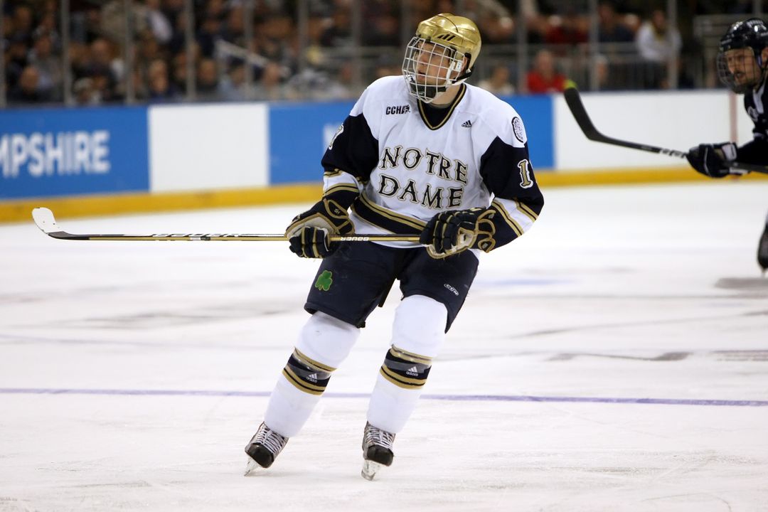 Senior captain Billy Maday scored twice to lead Notre Dame to a 2-0 win over Ohio State in game one of the best-of-three CCHA first round playoff series.