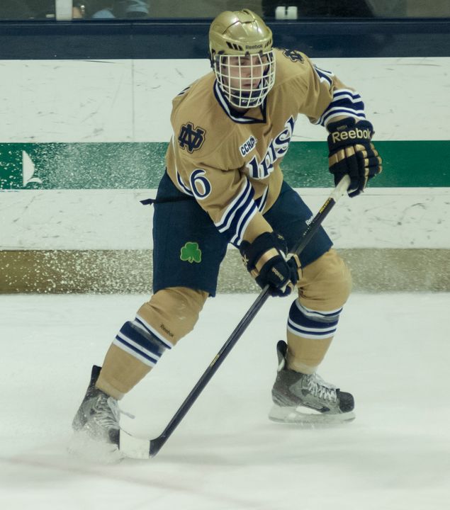 Senior right wing Mike Voran scored twice in Notre Dame's 5-2 win over the University of Guelph.