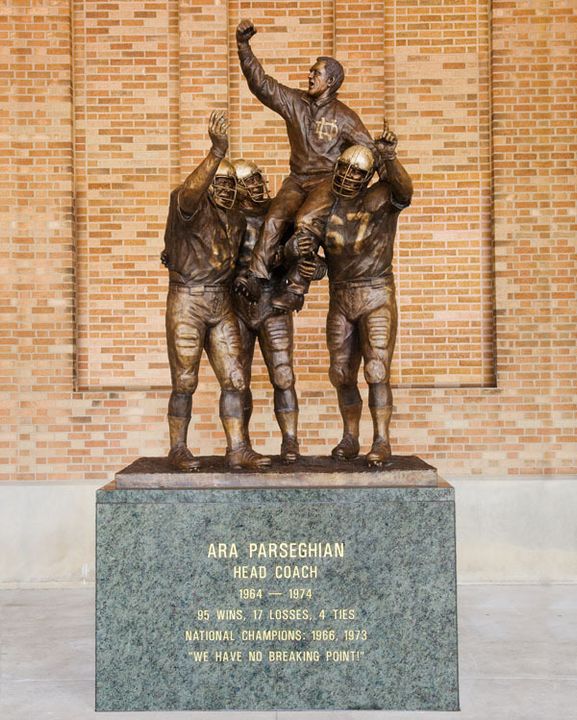 This statue of former Irish football coach Ara Parseghian was unveiled in a dedication ceremony Sept. 22 at Gate D inside Notre Dame Stadium.