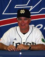 Notre Dame's Paul Mainieri - pictured at the BIG EAST Championship - has seen his team rise to top-20 status in all four national polls but the Irish drew a No. 3 seed in one of the 16 NCAA regionals (photo by Pete LaFleur).