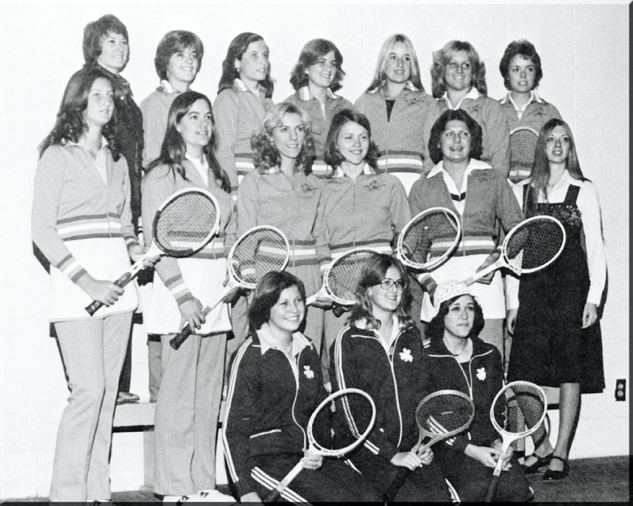 Notre Dame fielded its first varsity women's tennis team in 1976, four years after the University admitted women as undergraduate students.  Front row: (from left) Mary Singer, Kathy Juba and Monica Stupke.  Second Row: Mary Cushing, Jane Lammers, Anne Gardner, Ginger Siefring, Mary Shukis and manager Roberta Kilpatrick.  Third row: Head Coach Kathy Cordes, Linda Sisson, Sue Flanigan, Sharon Sullivan, Diane Shillingbury, Ellen Callahan and Paddy Mullen.
