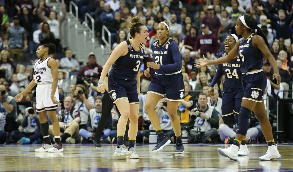 Apr 1, 2018; Columbus, OH, USA; Notre Dame Fighting Irish guard Marina Mabrey (3) reacts with her teammates during the third quarter against the Mississippi State Lady Bulldogs in the championship game of the women's Final Four in the 2018 NCAA Tournament at Nationwide Arena. Mandatory Credit: Joe Maiorana-USA TODAY Sports