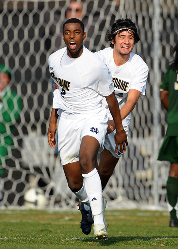 Notre Dame Wins Penalty Kick Shootout Against USF, 5-4 Aaron Maund (front) and Adam Mena celebrate Maund's equalizer that came in the 83rd minute.