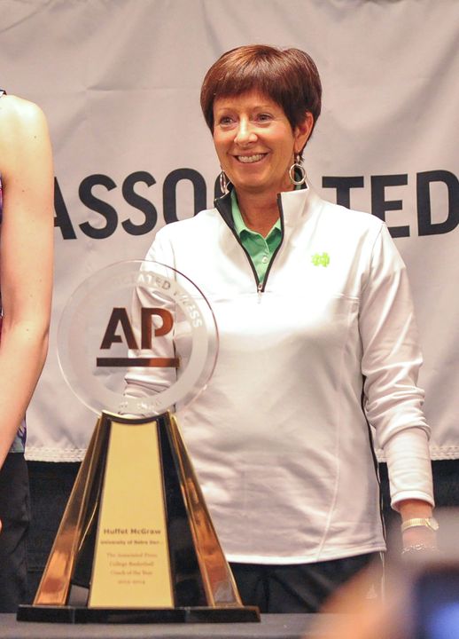 Notre Dame's Muffet McGraw has become the second women's basketball coach to be a three-time recipient of the Associated Press National Coach of the Year award (and the second to receive it in consecutive seasons), earning her latest honor on Saturday afternoon at the NCAA Women's Final Four in Nashville.