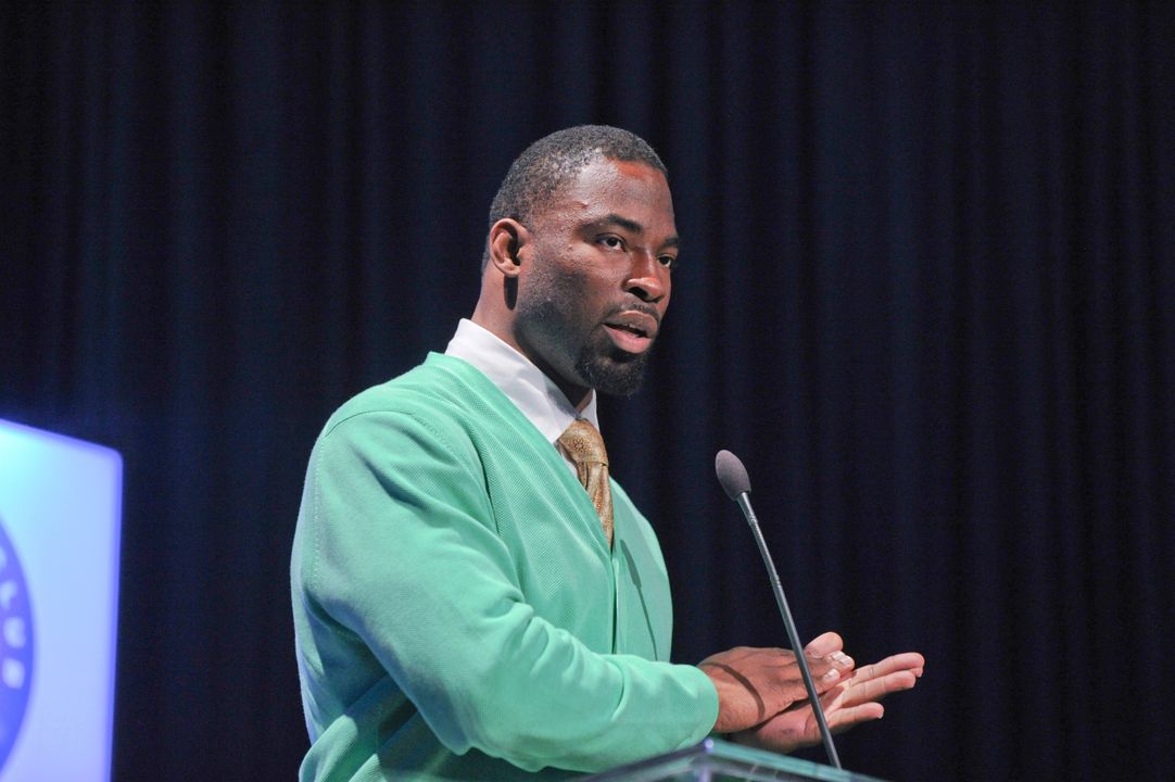 Two-time Superbowl champion Justin Tuck ('05) addresses football Monogram winners past and present at the Blue-Gold Football Dinner (photo by Mike Bennett).