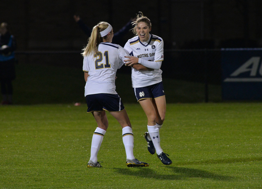 Seniors Brittany Von Rueden (left) and Anna Maria Gilbertson celebrate following Gilbertson's second goal of the night Friday as Notre Dame defeated Virginia Tech 3-0 at Alumni Stadium.