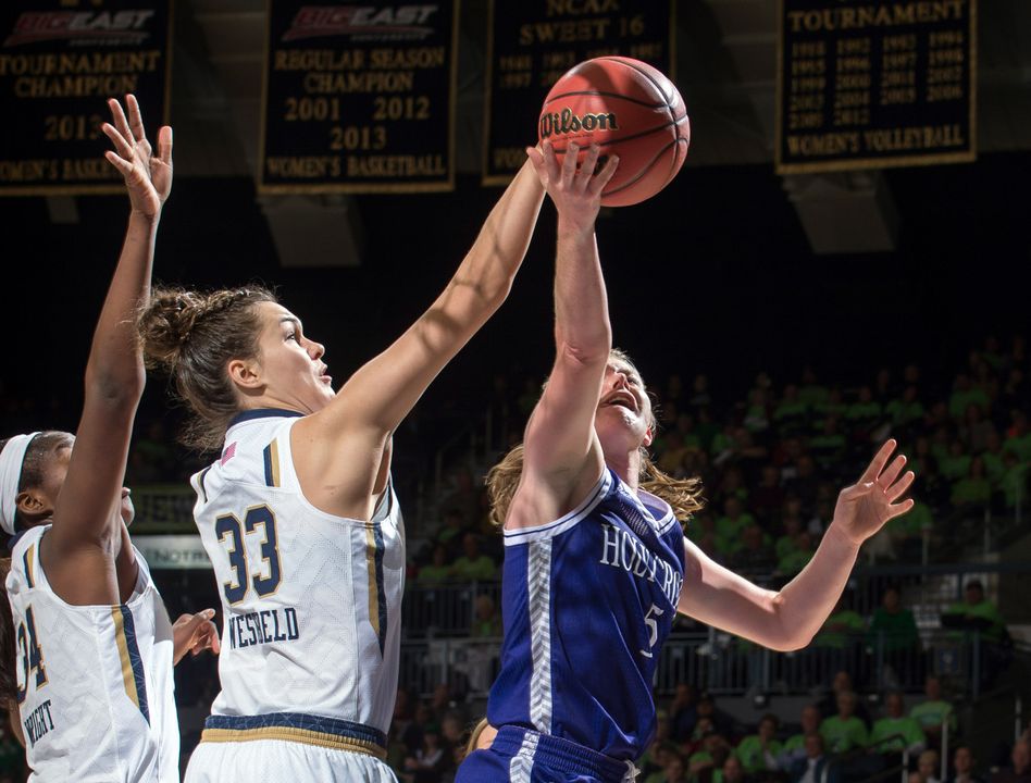 Freshman forward Kathryn Westbeld scored a career-high 15 points on six of 10 shooting in #3/2 Notre Dame's 104-29 win over Holy Cross on Sunday night in the Hall of Fame Challenge at Purcell Pavilion.