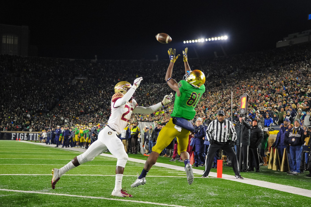Miles Boykin snares a first-quarter touchdown reception.
