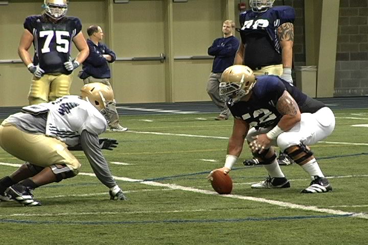 Center Braxston Cave and his fellow offensive linement went one-on-one today against the Irish defensive linemen in the 'rodeo' drill.