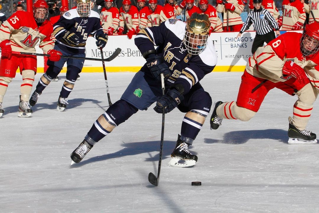 Anders Lee sports a new gold helmet that the Irish broke out at the OfficeMax Hockey City Classic on Sunday.