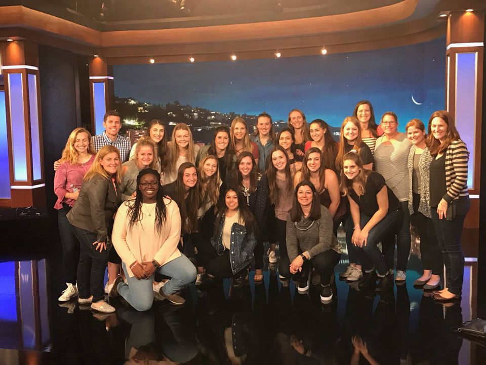 Jen Sharron (far right) joins the Notre Dame softball squad on the set of Jimmy Kimmel Live.