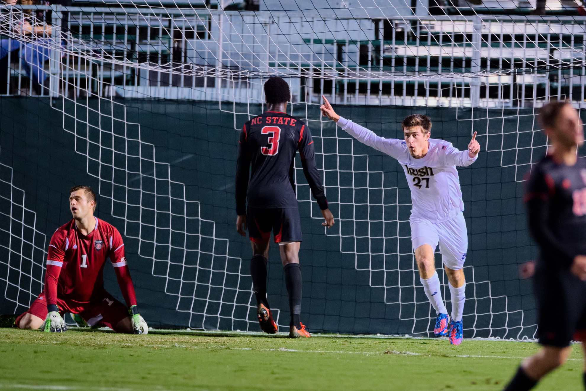 #2 Irish Claim 2-1 Come-From-Behind Victory At NC State Sophomore midfielder Patrick Hodan celebrates the equalizer that he netted in the 54th minute.