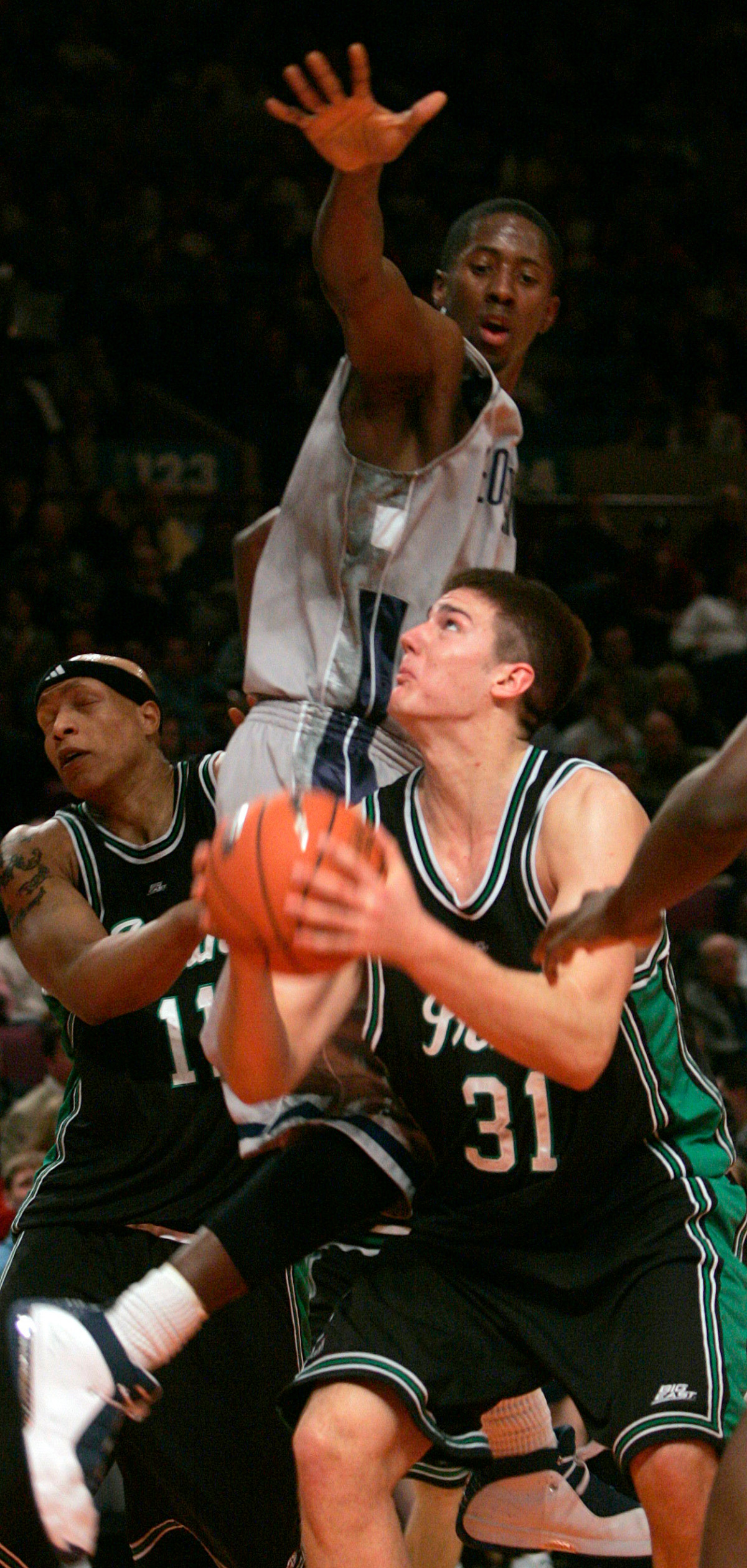 Irish Come Up Short Against No. 23 Hoyas, 67-63 Georgetown's Brandon Bowman attempts to block a shot by Notre Dame's Rob Kurz during the first half in the first round of the Big East Men's Basketball Championship Wednesday March 8, 2006 at New York's Madison Square Garden.(AP Photo/Frank Franklin II)