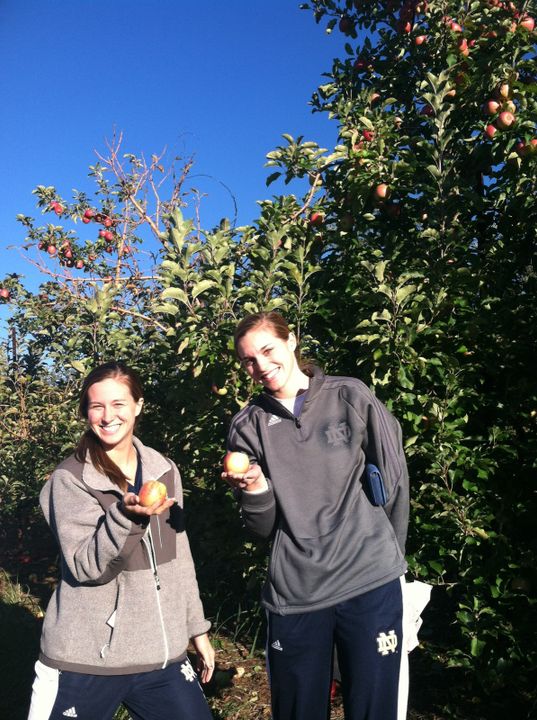 Junior Kathleen Severyn and senior Maggie Brindock picked apples with their Irish teammates last Saturday in Charlottesville, Va., during their day off.