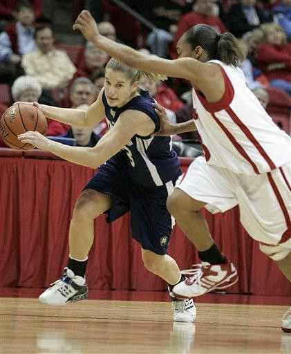 Megan Duffy drives around Wisconsin's Akiya Alexander.  (AP Photo/Andy Manis)