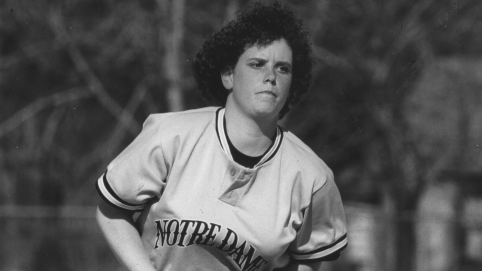 Missy Linn ('92) earned the win in the first varsity game for Notre Dame softball on March 8, 1989