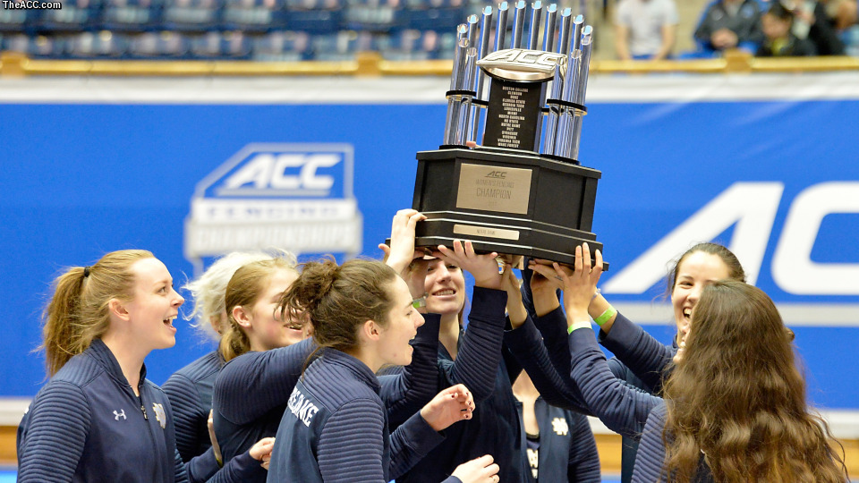 The Notre Dame women's fencing team celebrates winning the 2017 ACC Championships.