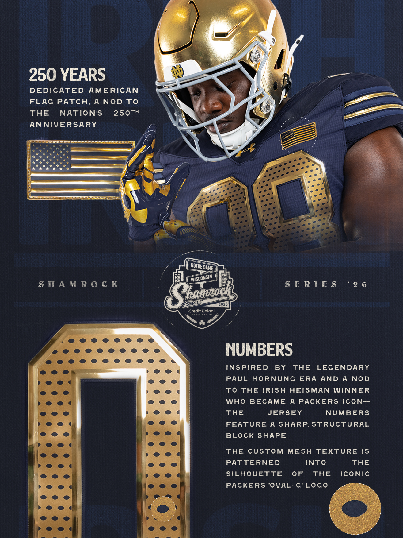 Notre Dame football player in the 2026 Shamrock Series uniform, featuring a gold helmet, navy jersey, commemorative American flag patch, and gold jersey numbers inspired by Paul Hornung and the Green Bay Packers.